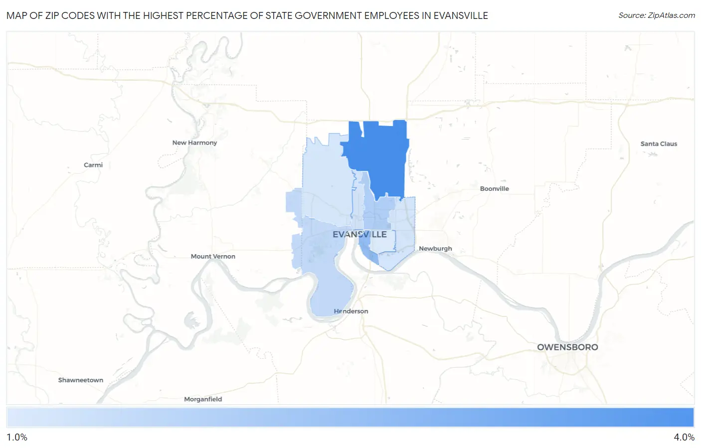 Zip Codes with the Highest Percentage of State Government Employees in Evansville Map