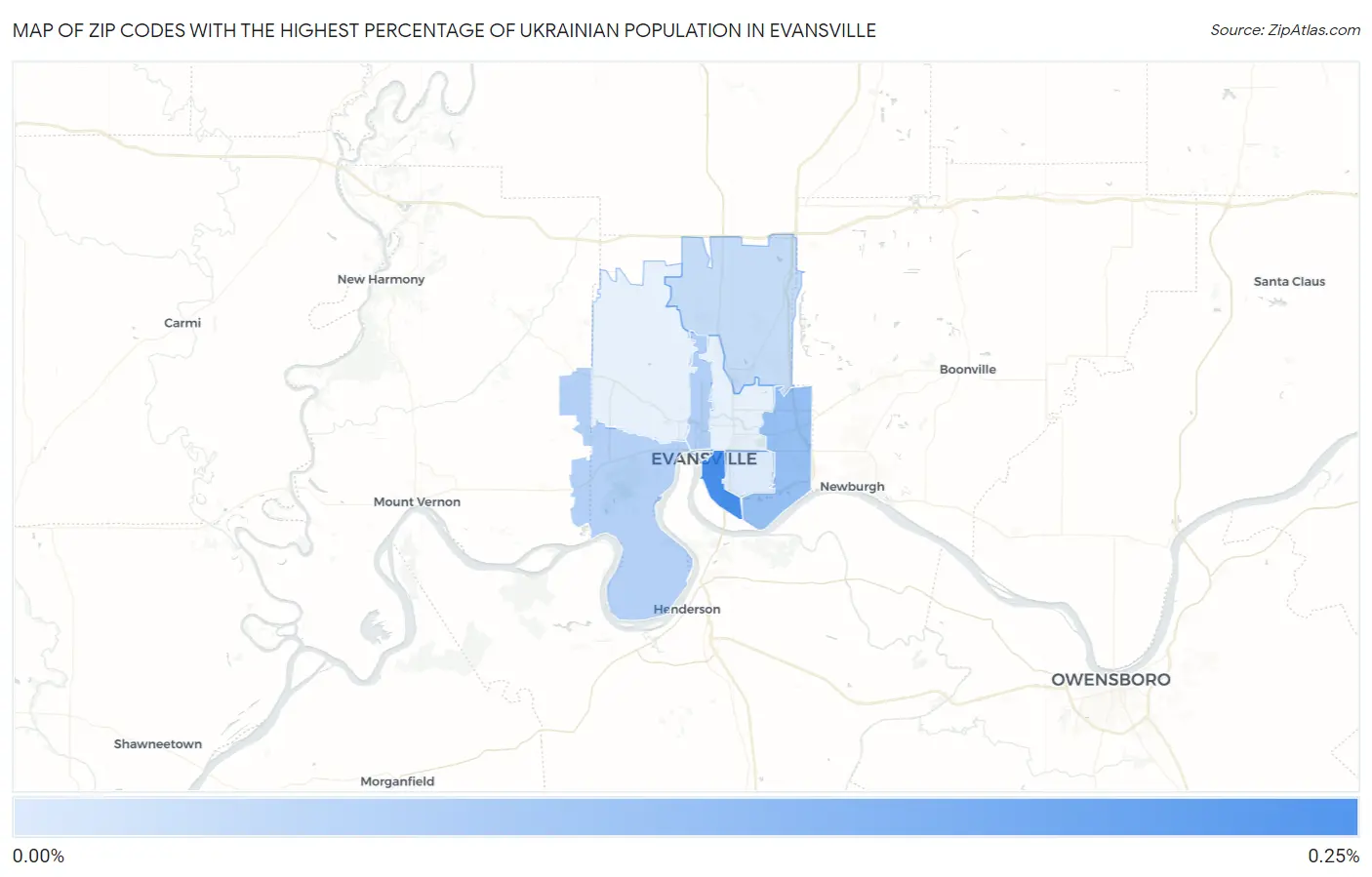 Zip Codes with the Highest Percentage of Ukrainian Population in Evansville Map