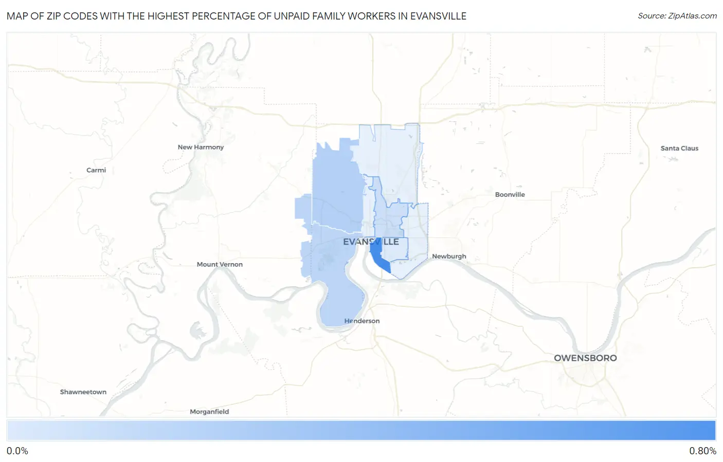 Zip Codes with the Highest Percentage of Unpaid Family Workers in Evansville Map
