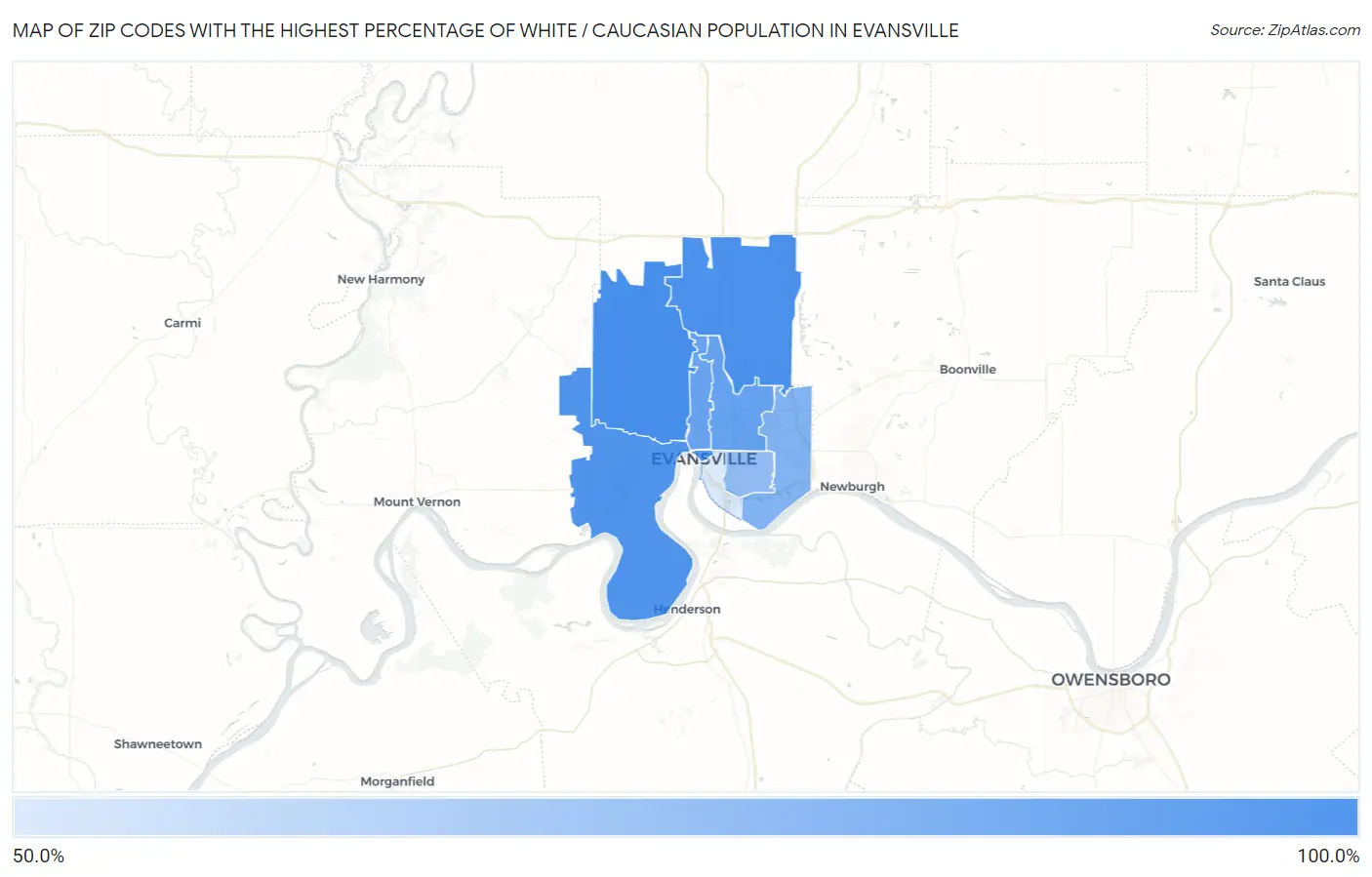 Zip Codes with the Highest Percentage of White / Caucasian Population in Evansville Map