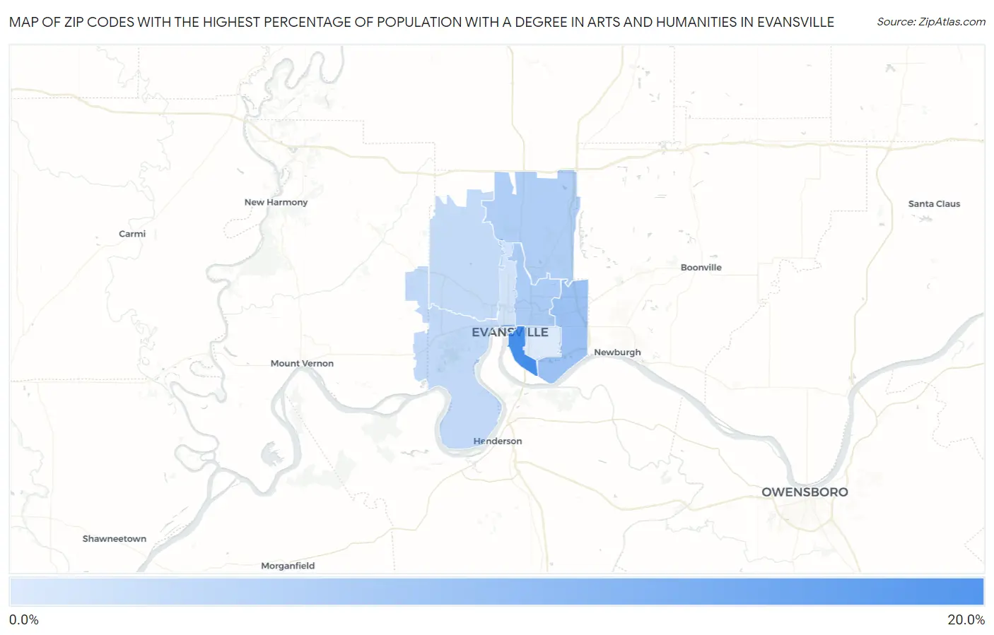 Zip Codes with the Highest Percentage of Population with a Degree in Arts and Humanities in Evansville Map