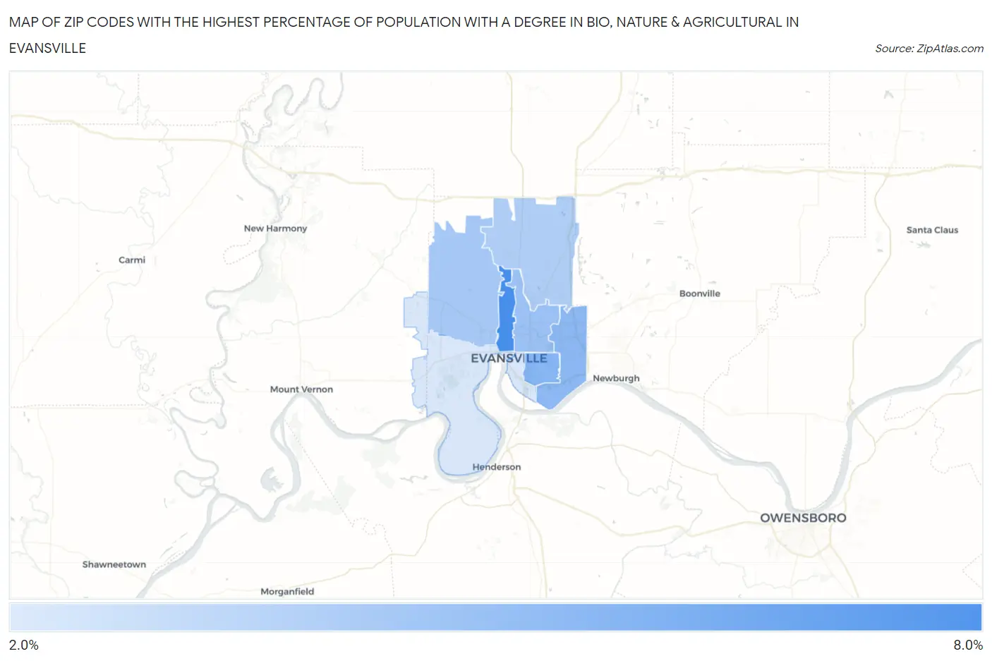 Zip Codes with the Highest Percentage of Population with a Degree in Bio, Nature & Agricultural in Evansville Map