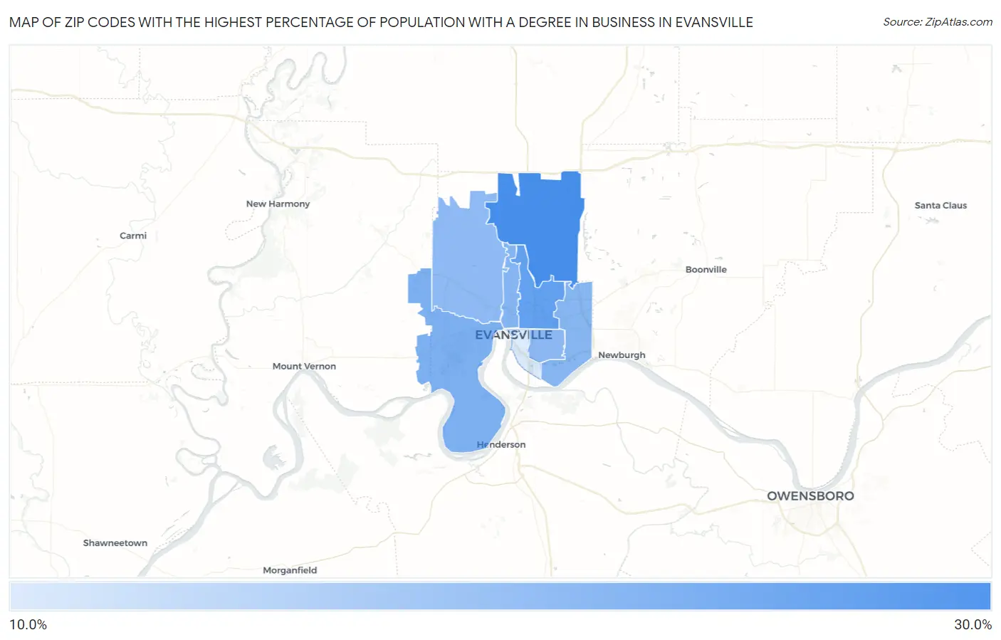 Zip Codes with the Highest Percentage of Population with a Degree in Business in Evansville Map