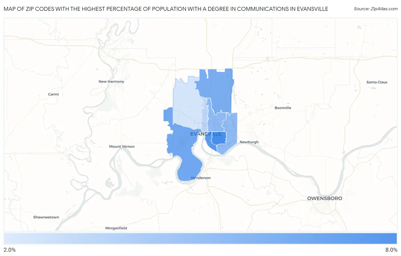 Zip Codes with the Highest Percentage of Population with a Degree in Communications in Evansville Map