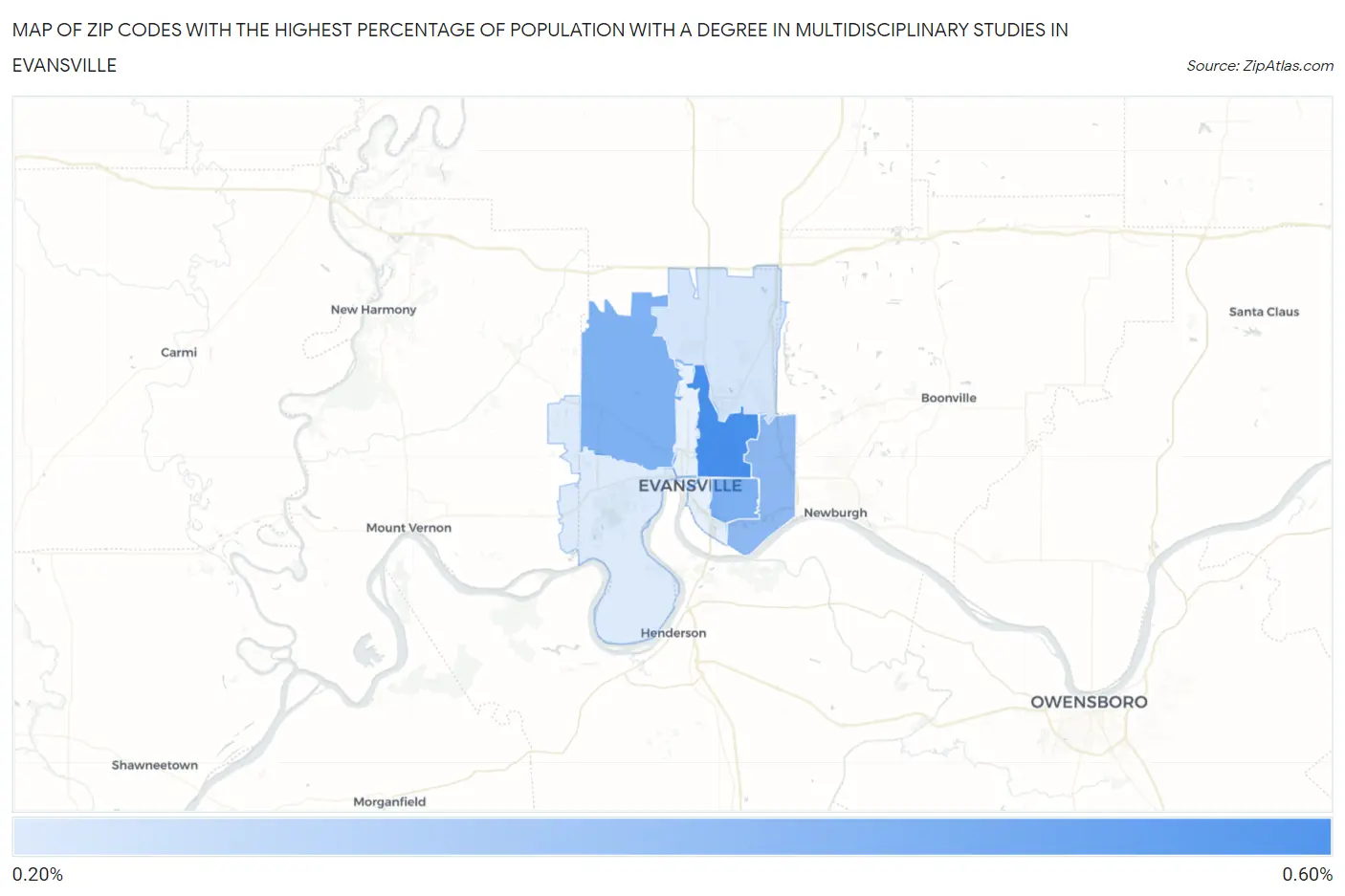 Zip Codes with the Highest Percentage of Population with a Degree in Multidisciplinary Studies in Evansville Map