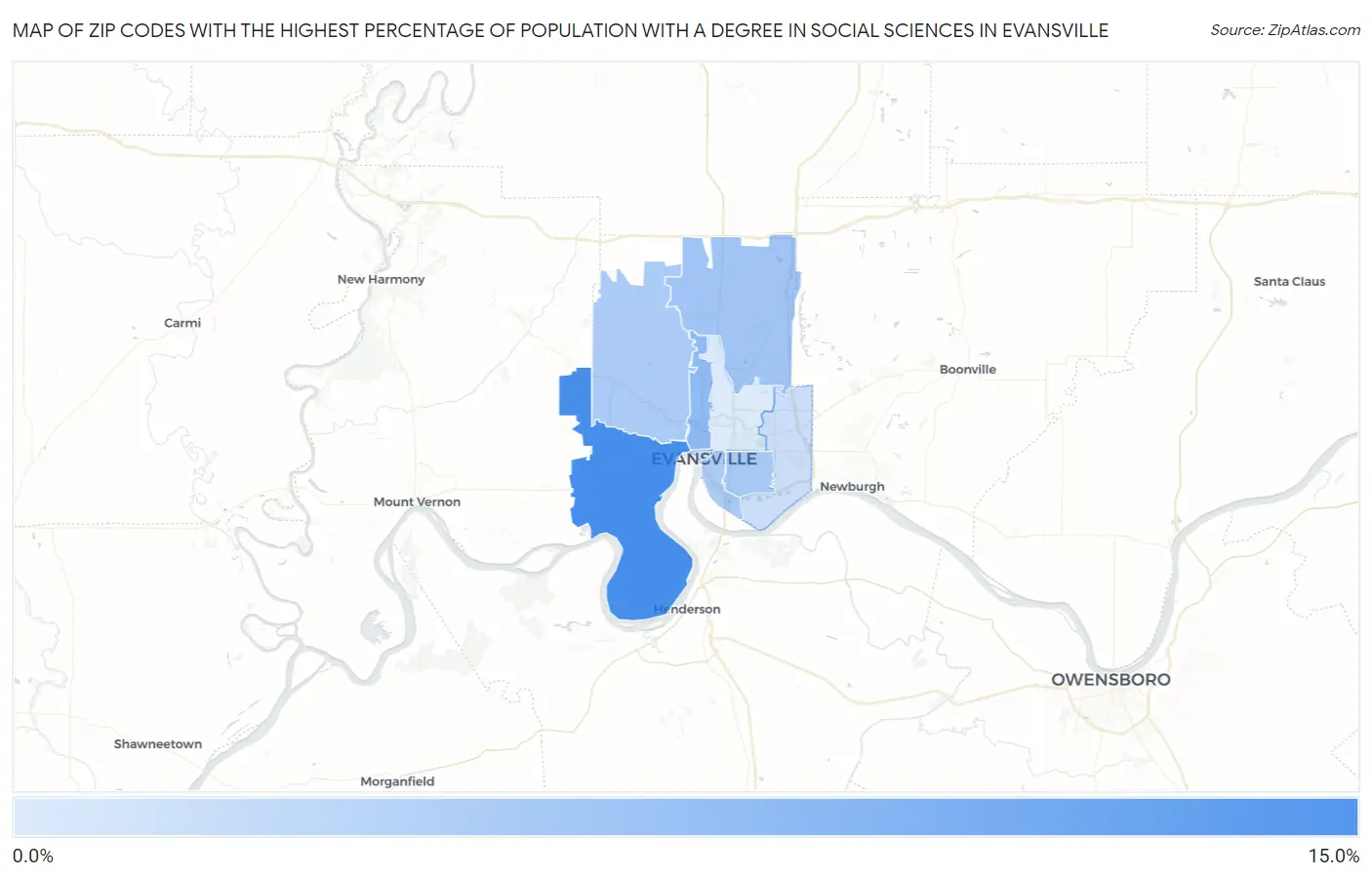 Zip Codes with the Highest Percentage of Population with a Degree in Social Sciences in Evansville Map