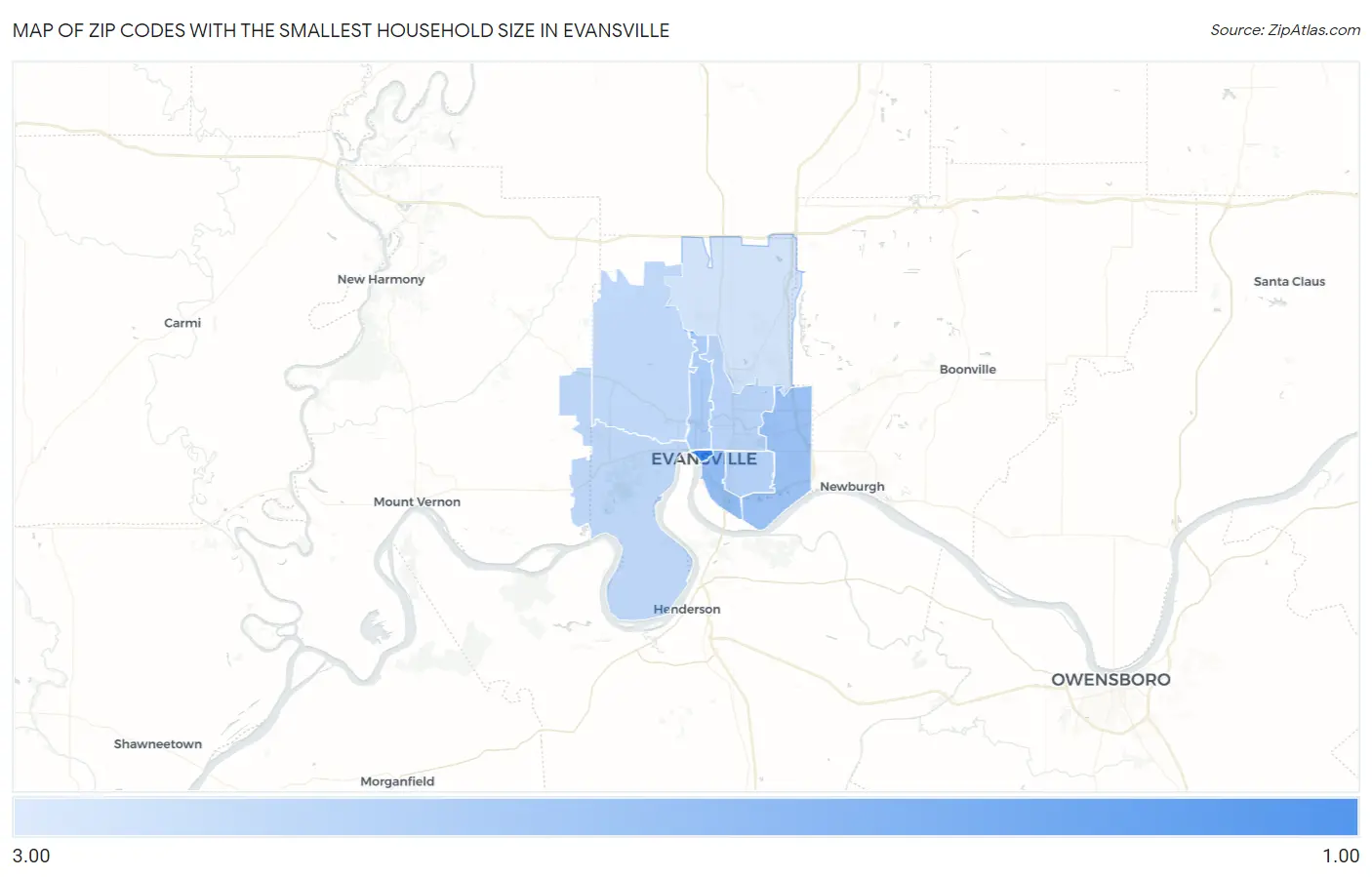 Zip Codes with the Smallest Household Size in Evansville Map