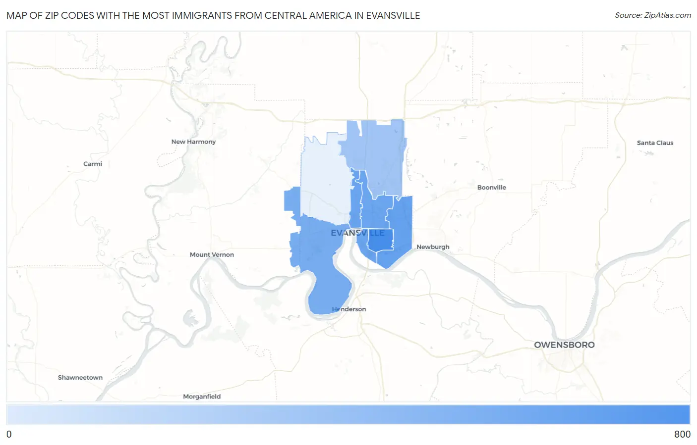 Zip Codes with the Most Immigrants from Central America in Evansville Map