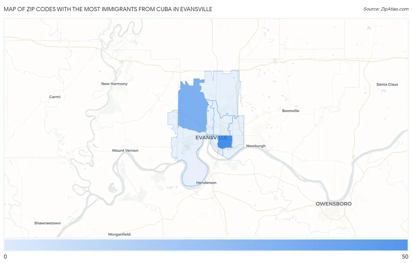 Zip Codes with the Most Immigrants from Cuba in Evansville Map