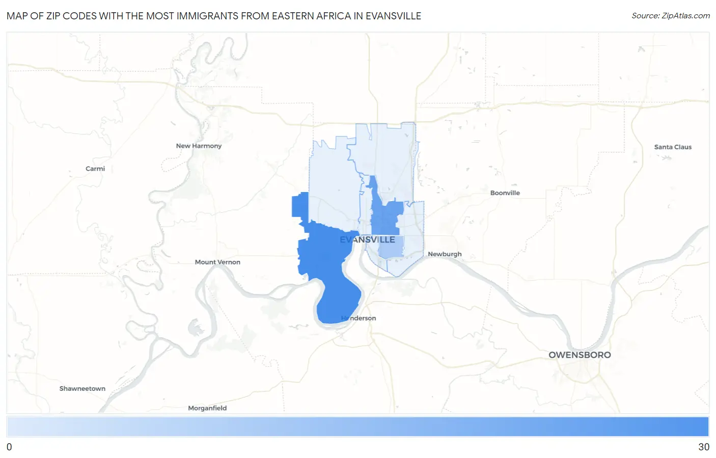 Zip Codes with the Most Immigrants from Eastern Africa in Evansville Map