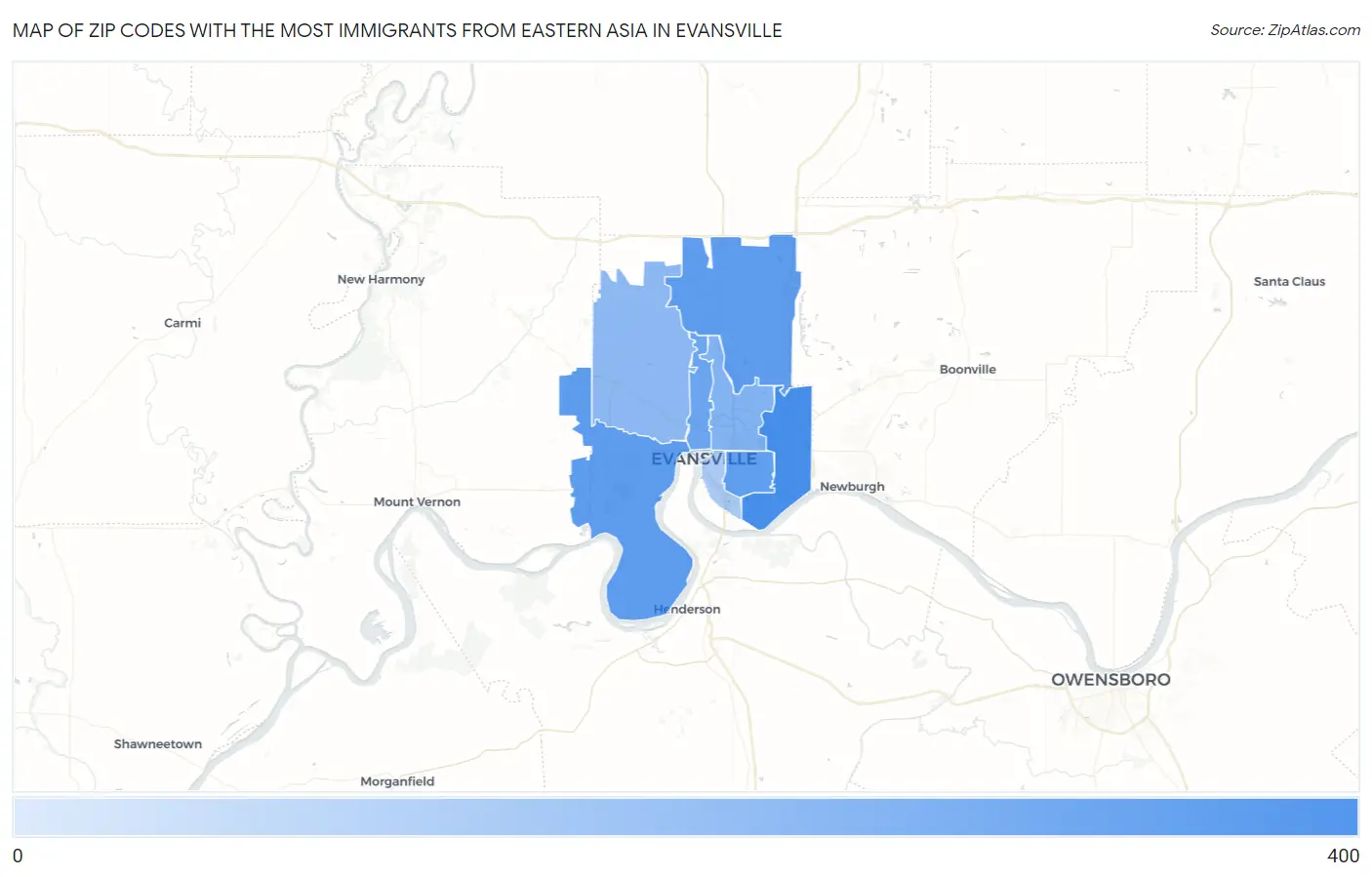 Zip Codes with the Most Immigrants from Eastern Asia in Evansville Map