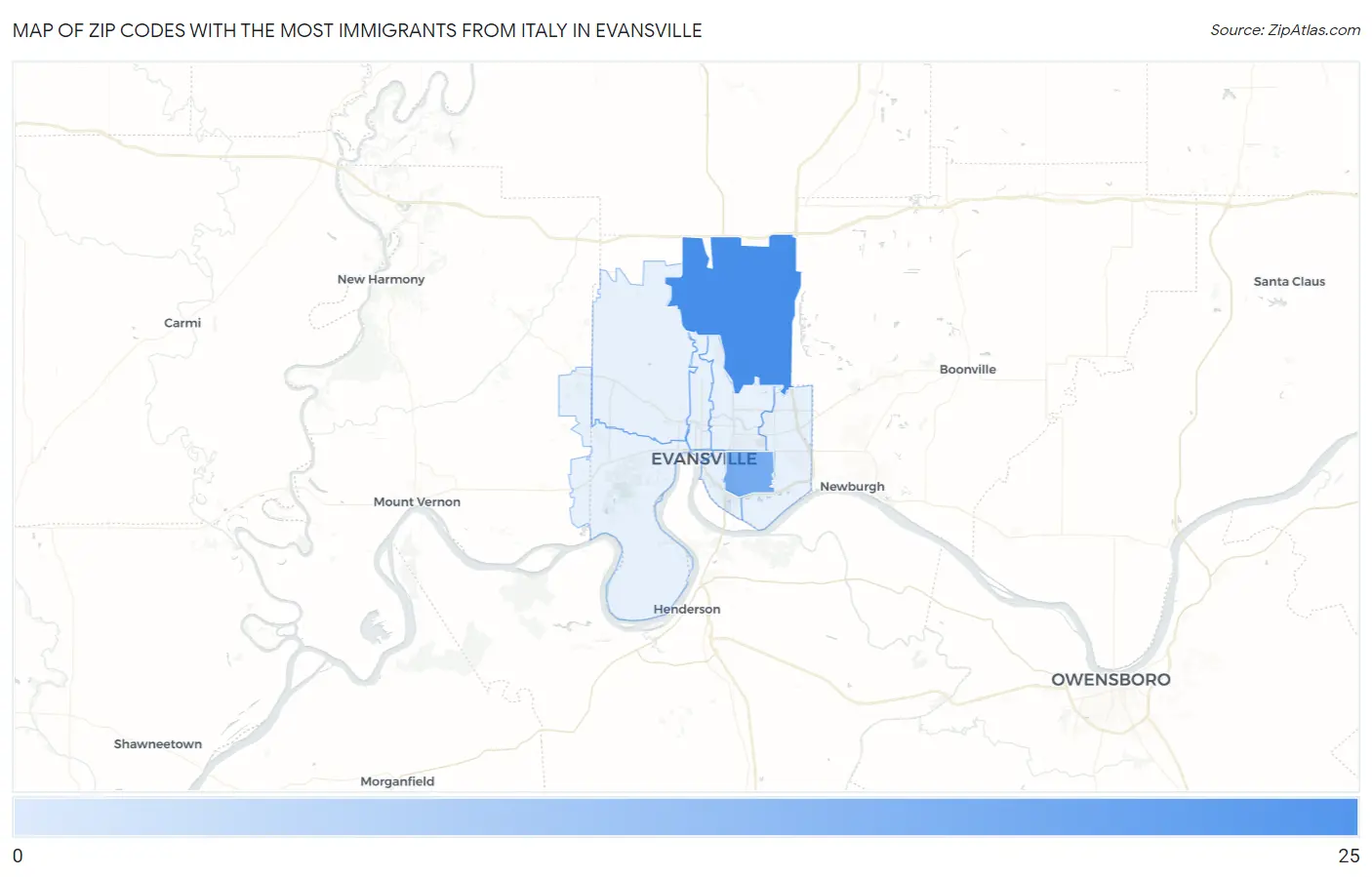 Zip Codes with the Most Immigrants from Italy in Evansville Map