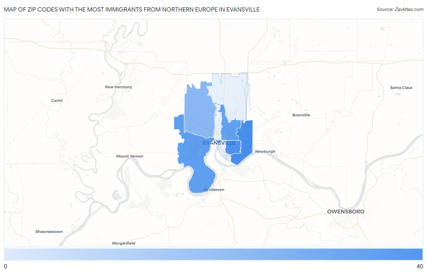 Zip Codes with the Most Immigrants from Northern Europe in Evansville Map