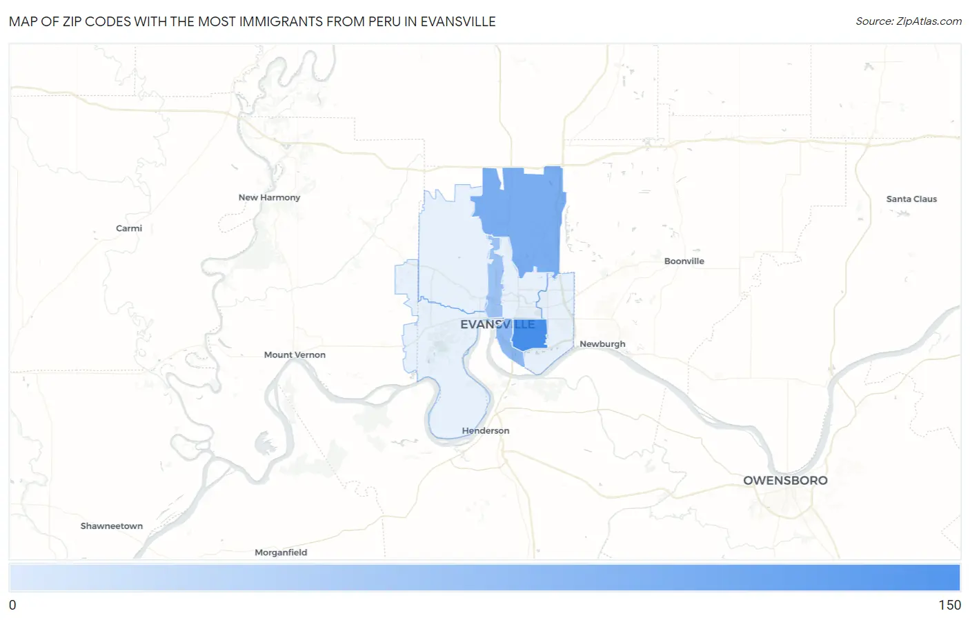 Zip Codes with the Most Immigrants from Peru in Evansville Map