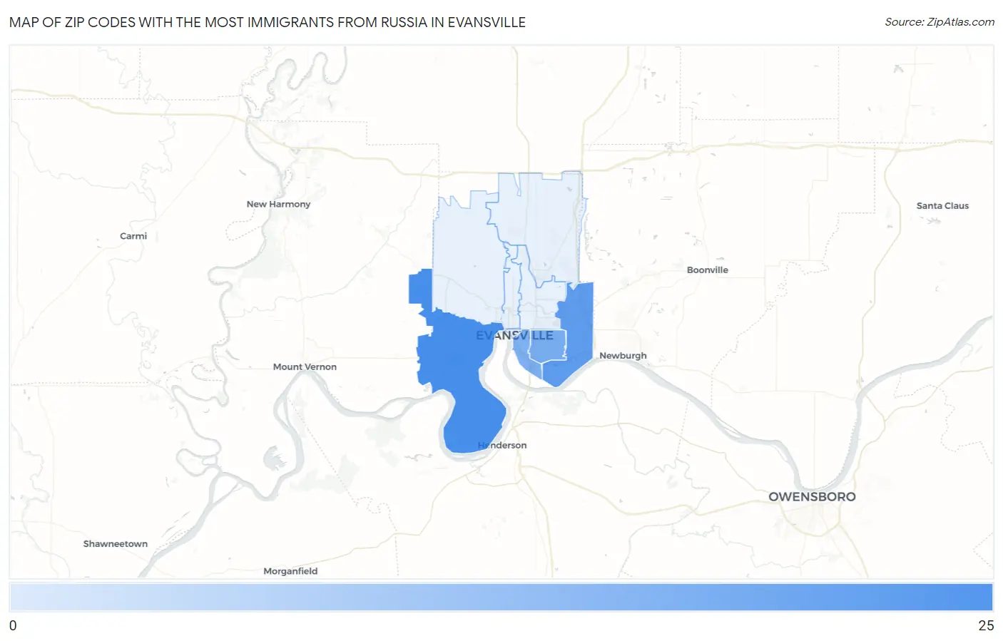 Zip Codes with the Most Immigrants from Russia in Evansville Map
