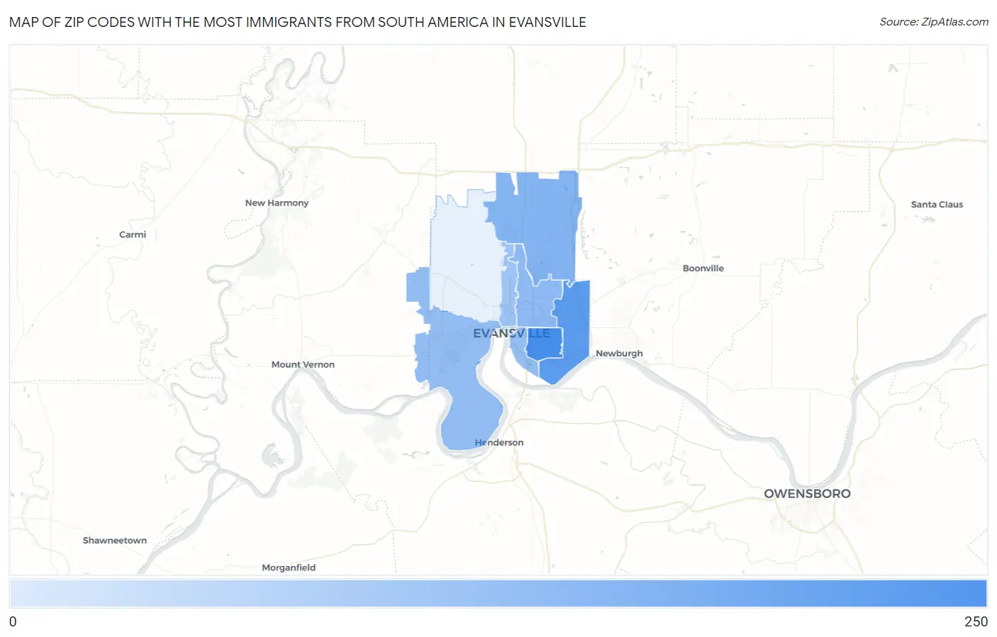 Zip Codes with the Most Immigrants from South America in Evansville Map