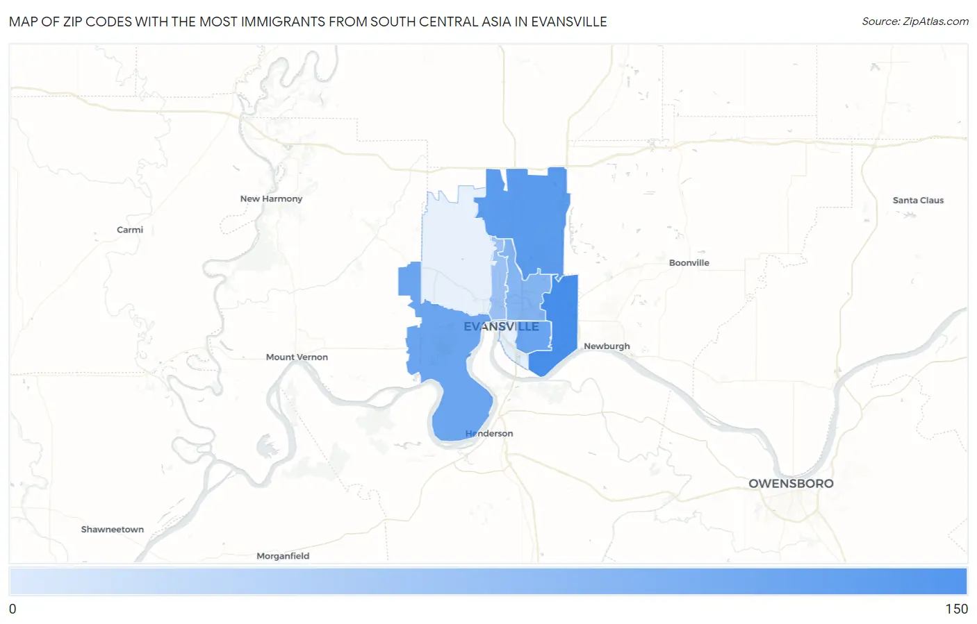 Zip Codes with the Most Immigrants from South Central Asia in Evansville Map