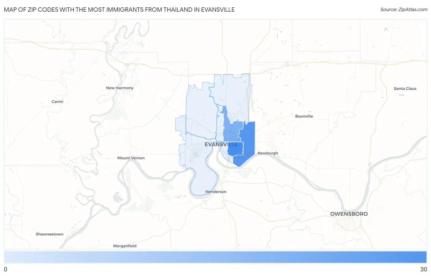 Zip Codes with the Most Immigrants from Thailand in Evansville Map