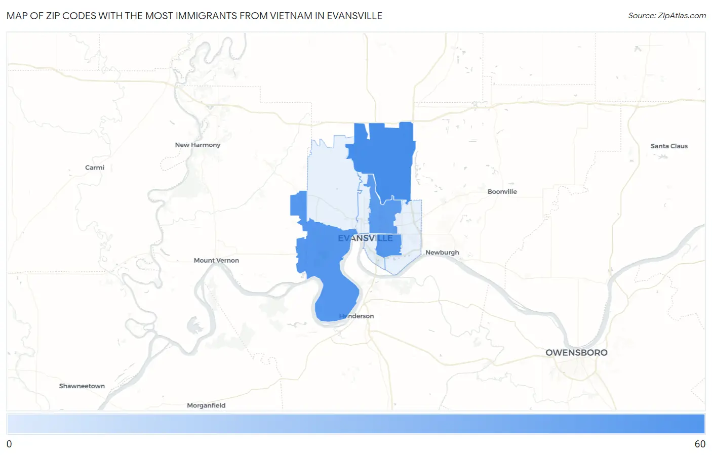 Zip Codes with the Most Immigrants from Vietnam in Evansville Map