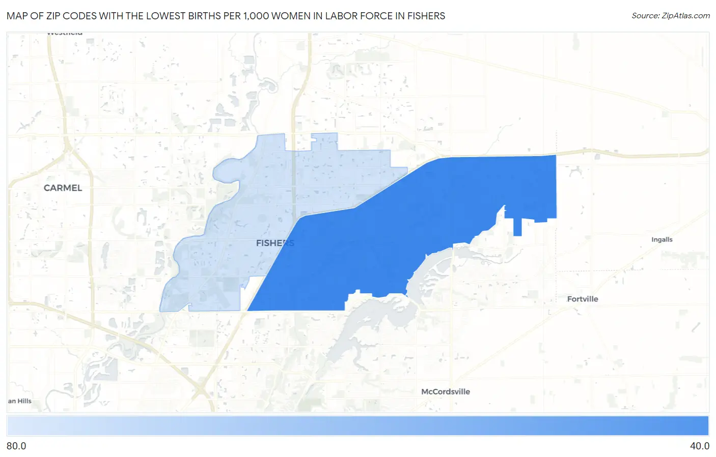 Zip Codes with the Lowest Births per 1,000 Women in Labor Force in Fishers Map