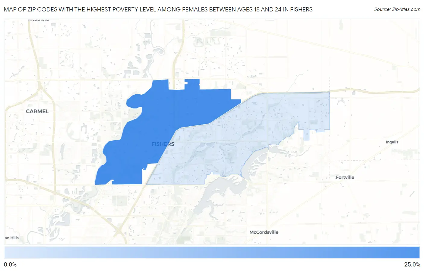 Zip Codes with the Highest Poverty Level Among Females Between Ages 18 and 24 in Fishers Map