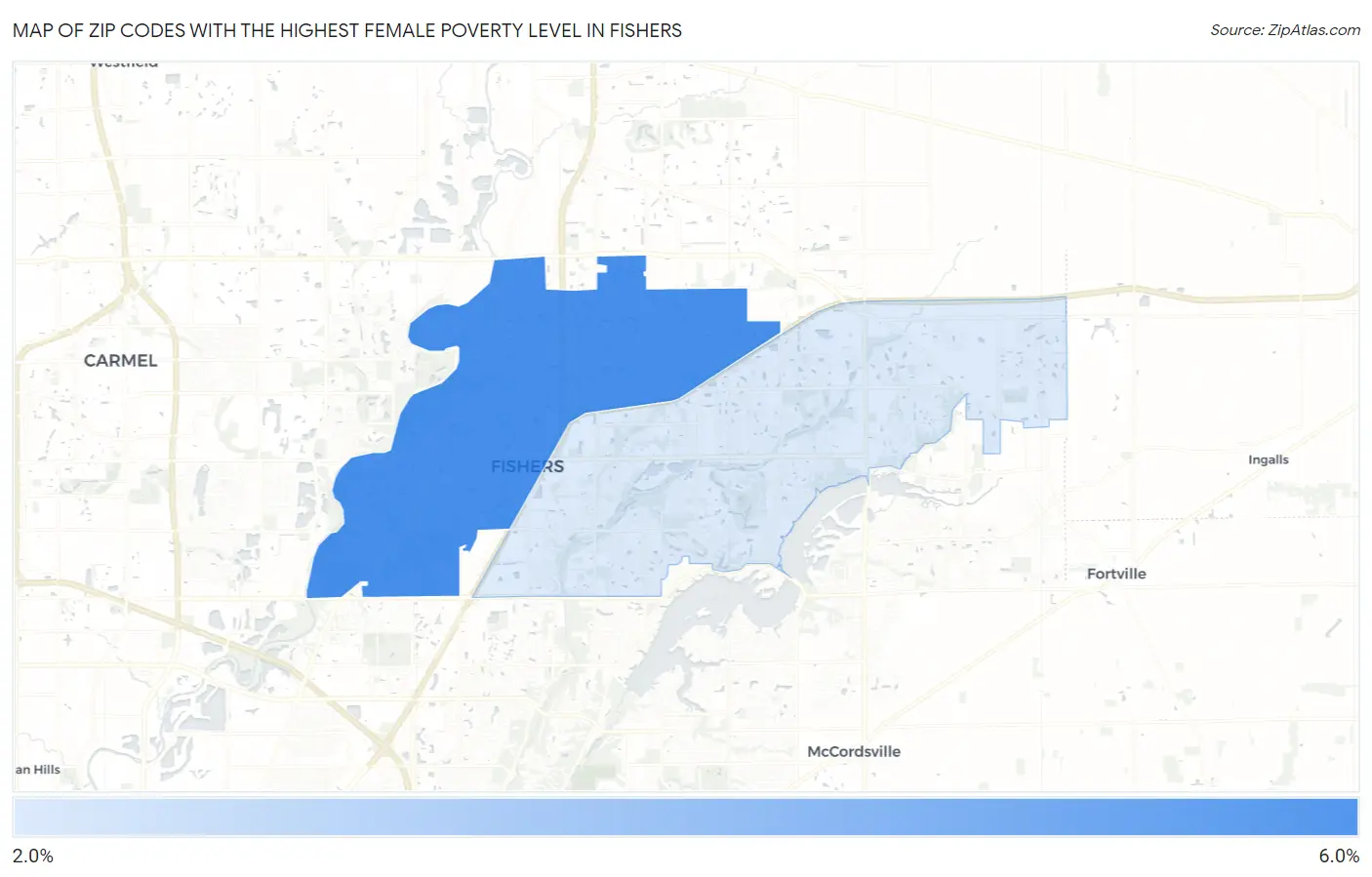 Zip Codes with the Highest Female Poverty Level in Fishers Map
