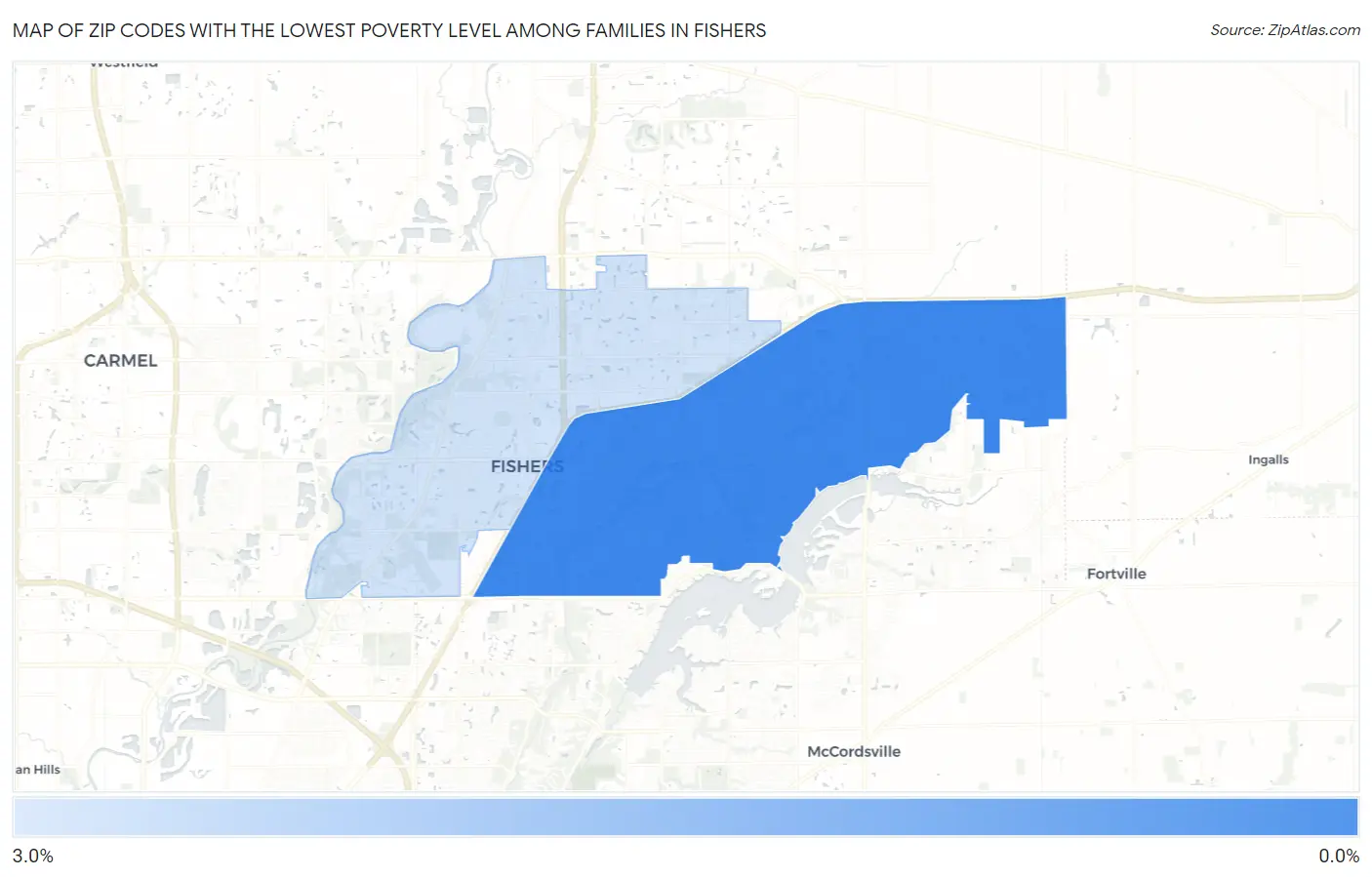 Zip Codes with the Lowest Poverty Level Among Families in Fishers Map