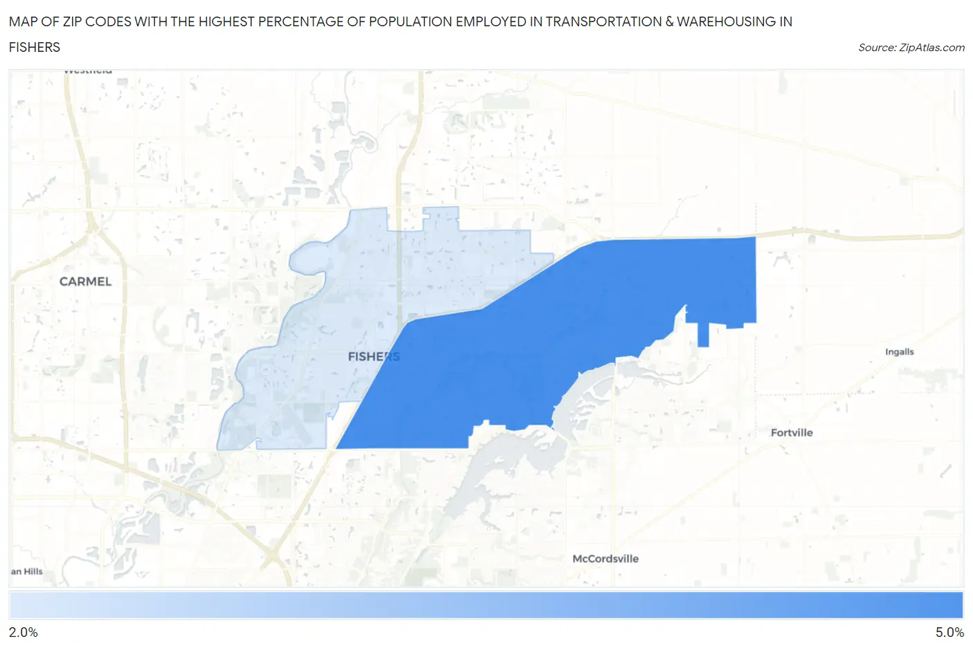 Zip Codes with the Highest Percentage of Population Employed in Transportation & Warehousing in Fishers Map