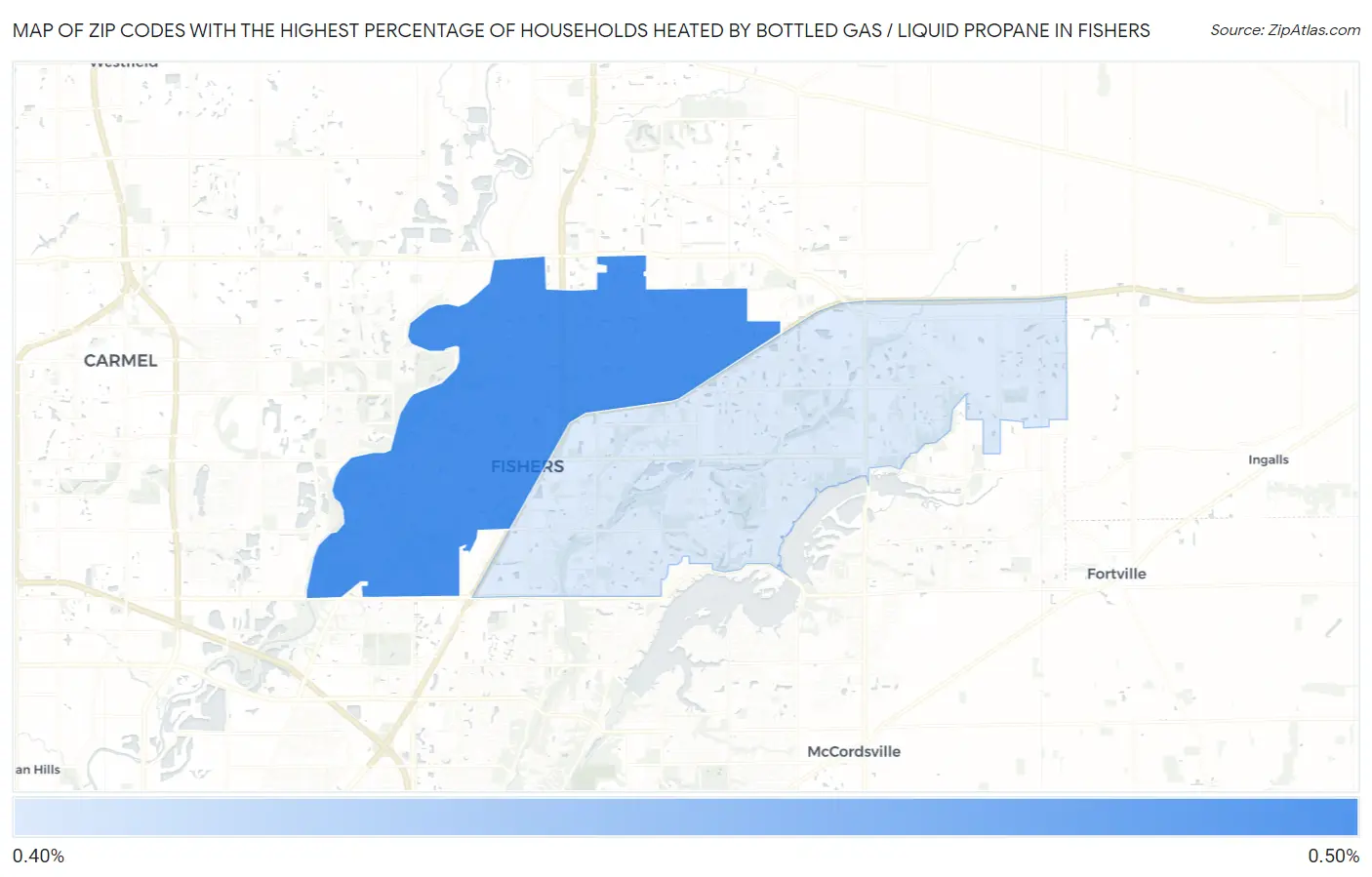 Zip Codes with the Highest Percentage of Households Heated by Bottled Gas / Liquid Propane in Fishers Map