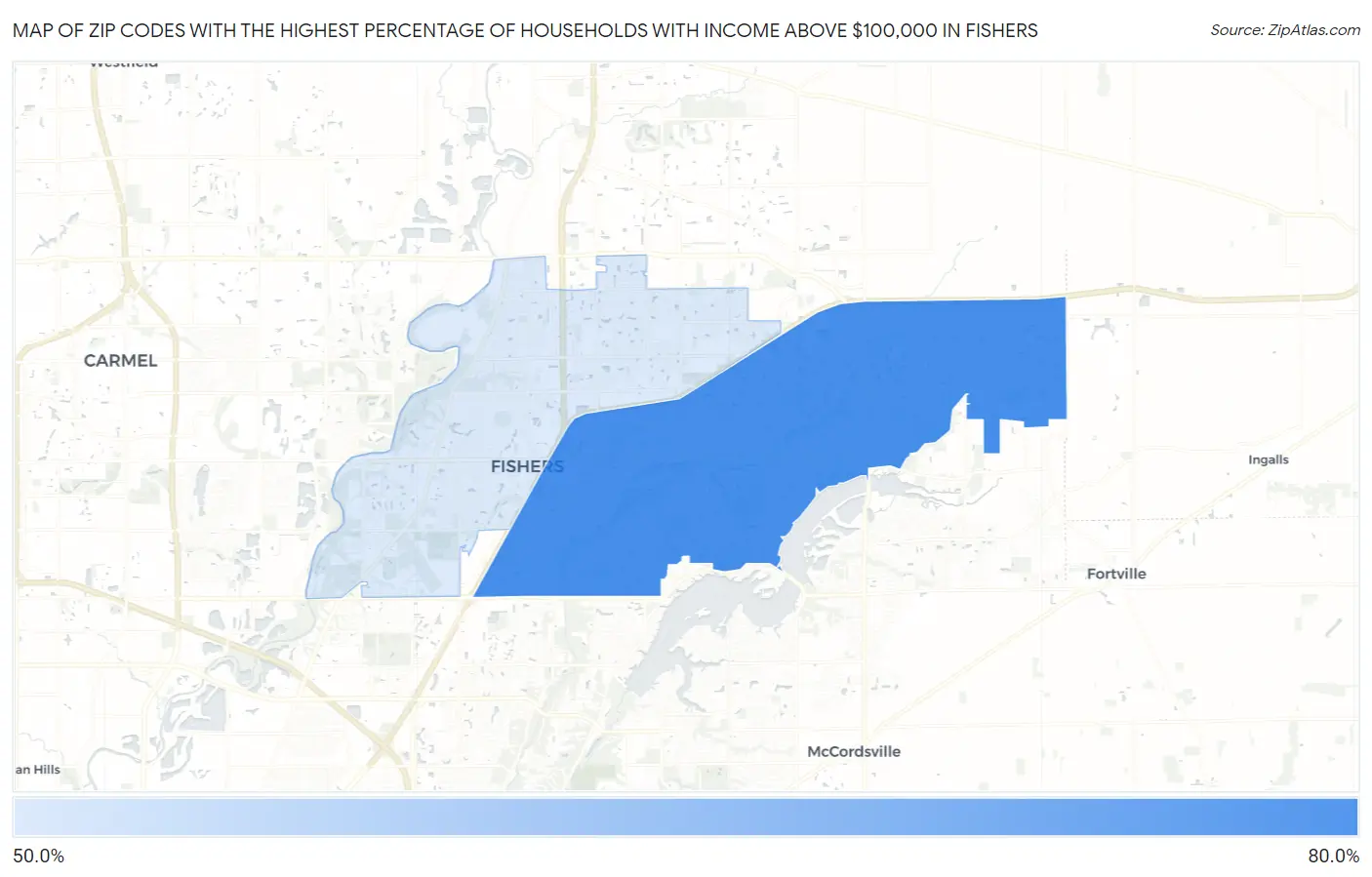 Zip Codes with the Highest Percentage of Households with Income Above $100,000 in Fishers Map