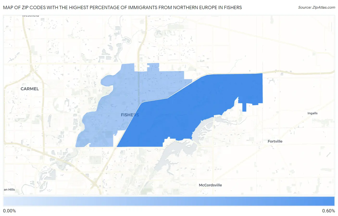 Zip Codes with the Highest Percentage of Immigrants from Northern Europe in Fishers Map
