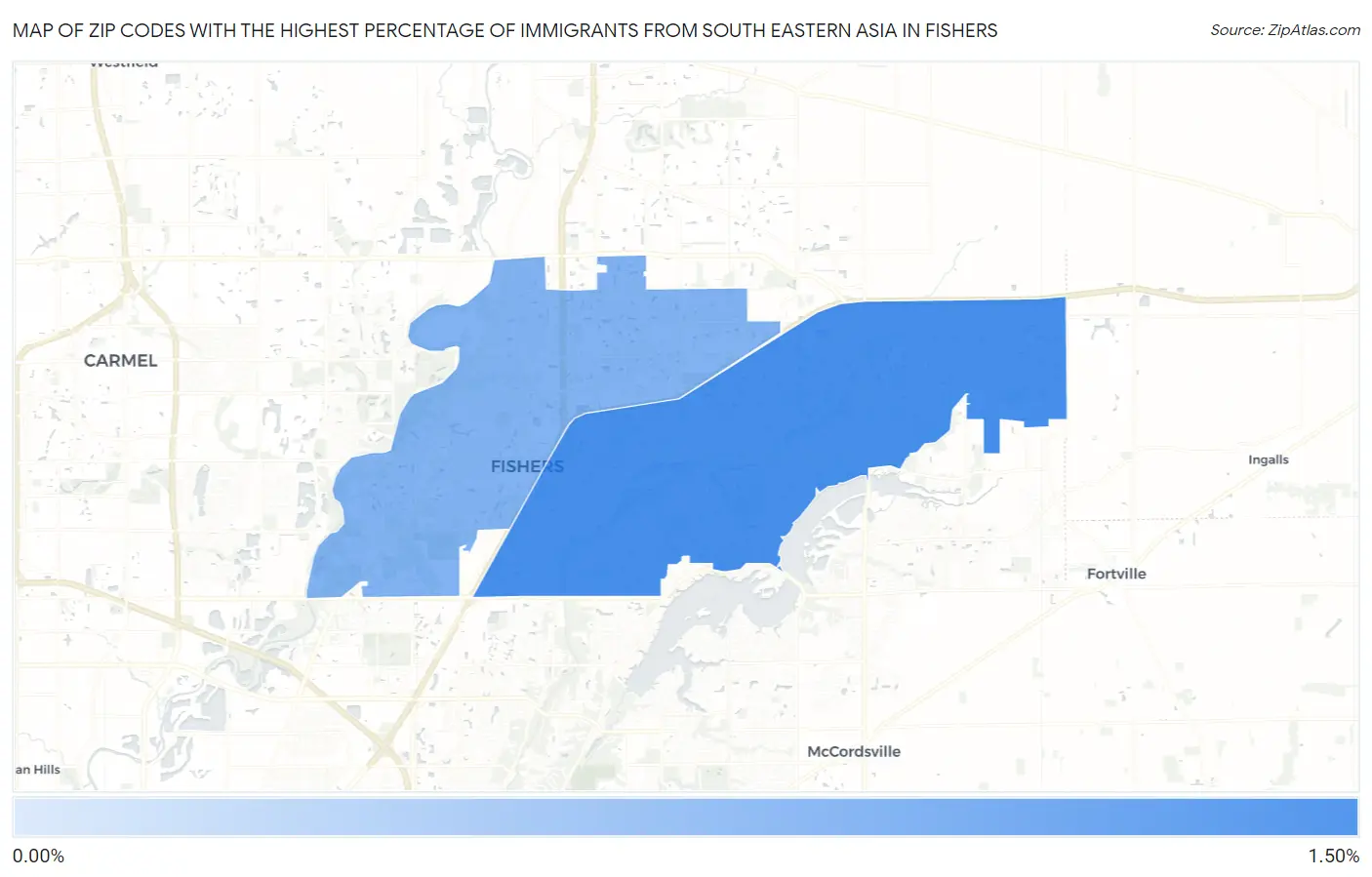 Zip Codes with the Highest Percentage of Immigrants from South Eastern Asia in Fishers Map
