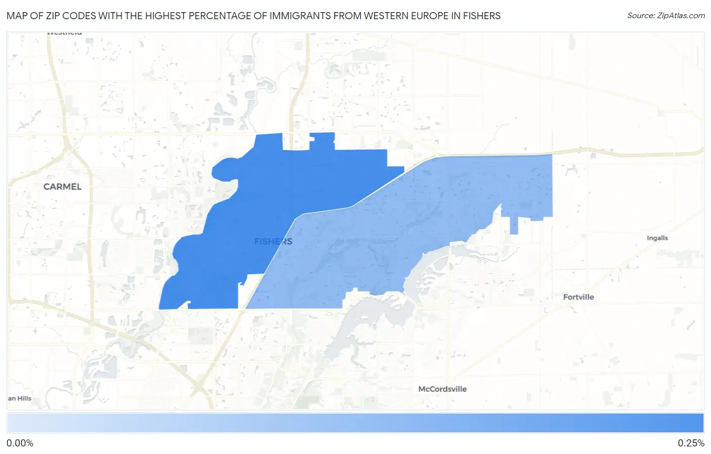 Zip Codes with the Highest Percentage of Immigrants from Western Europe in Fishers Map