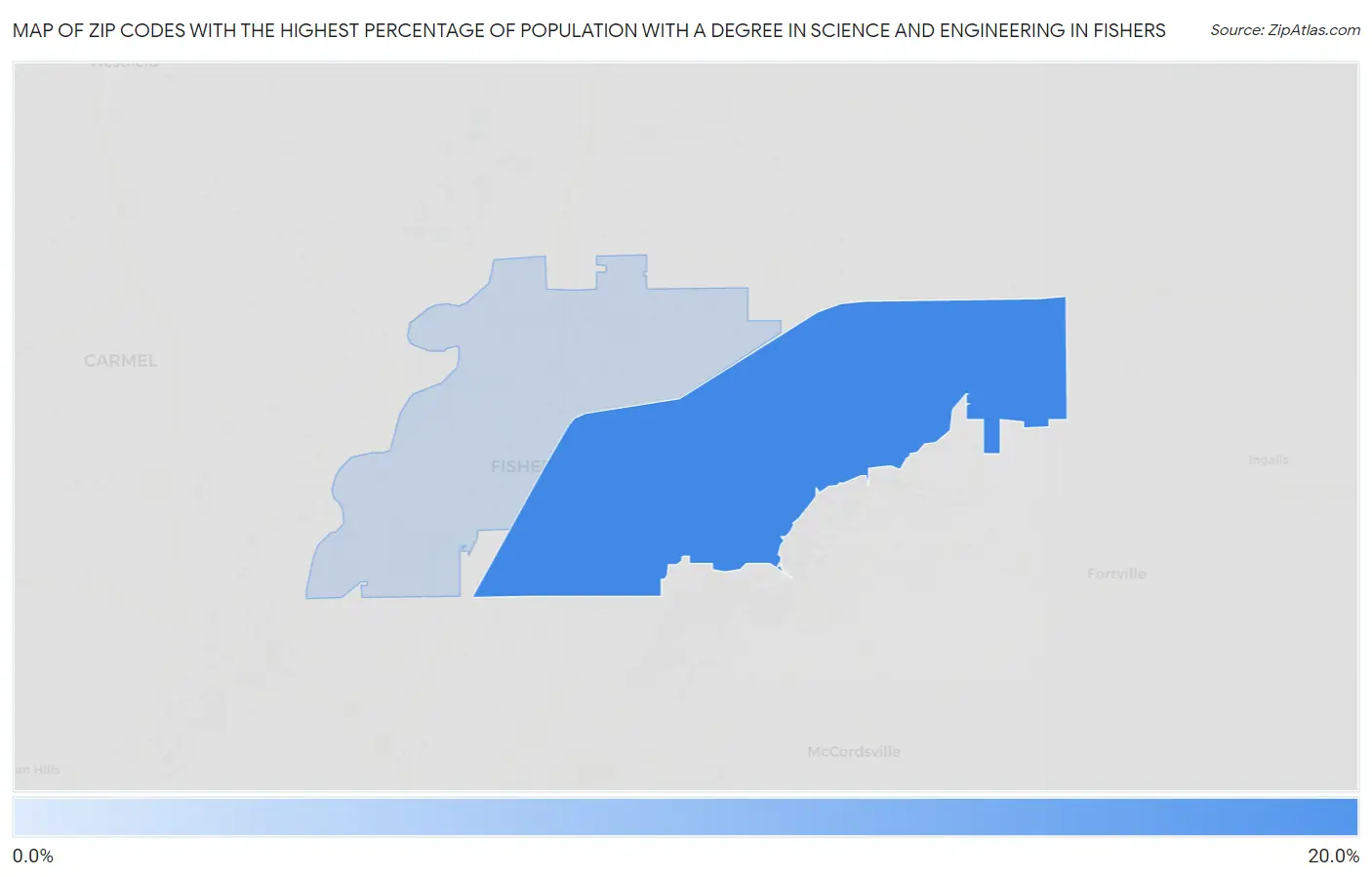 Zip Codes with the Highest Percentage of Population with a Degree in Science and Engineering in Fishers Map
