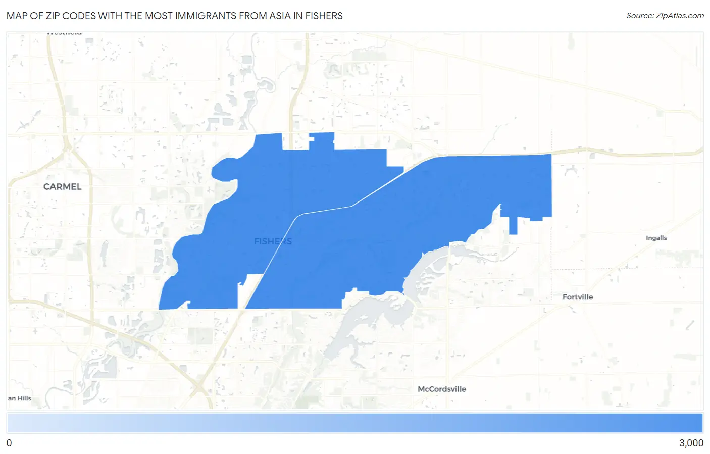 Zip Codes with the Most Immigrants from Asia in Fishers Map