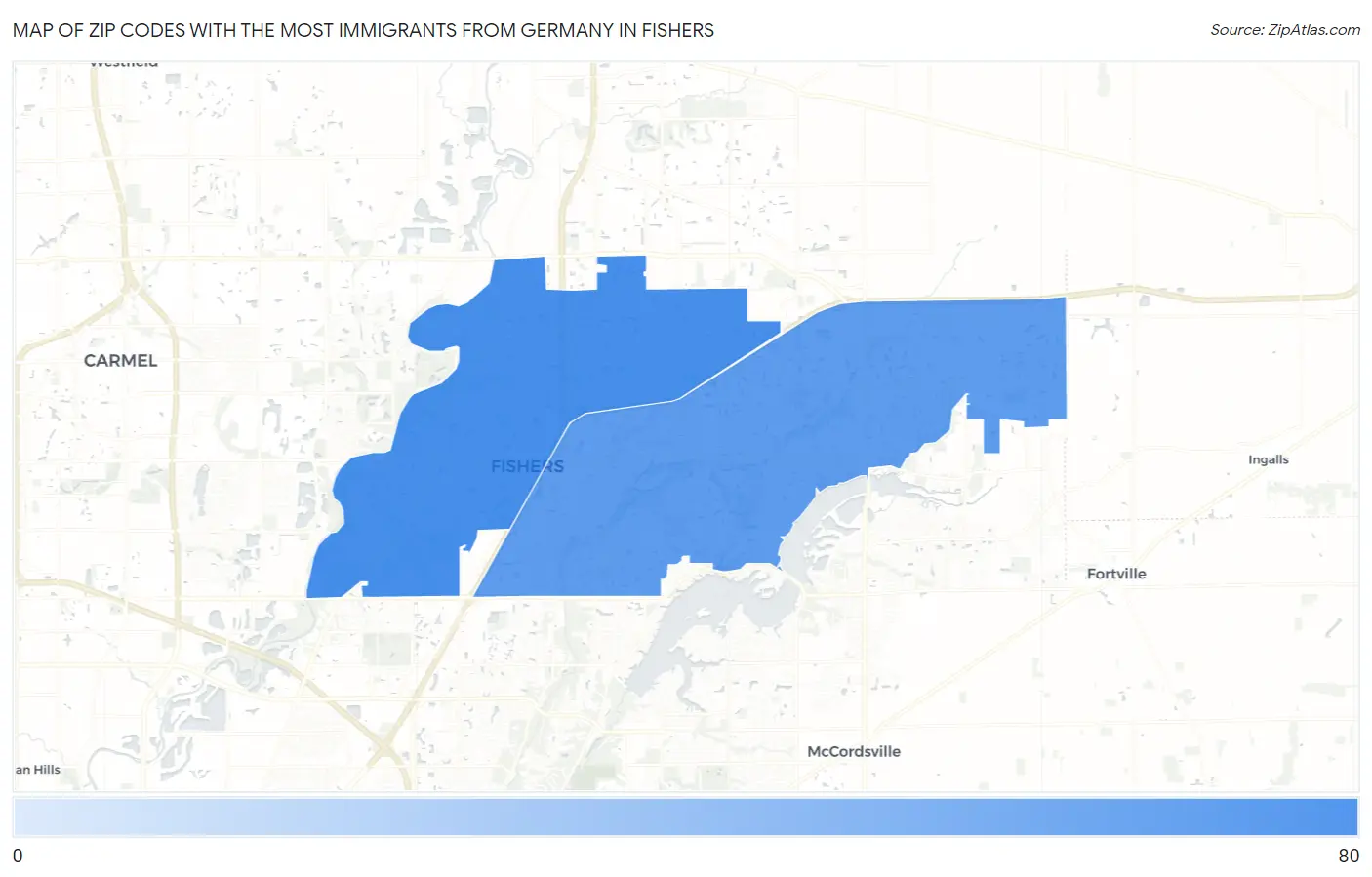 Zip Codes with the Most Immigrants from Germany in Fishers Map