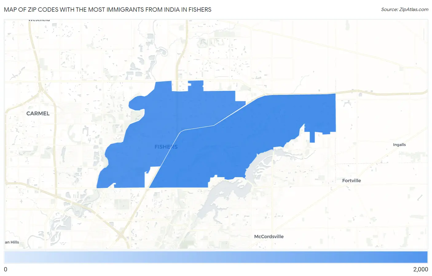 Zip Codes with the Most Immigrants from India in Fishers Map