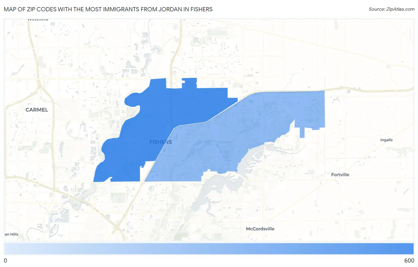 Zip Codes with the Most Immigrants from Jordan in Fishers Map