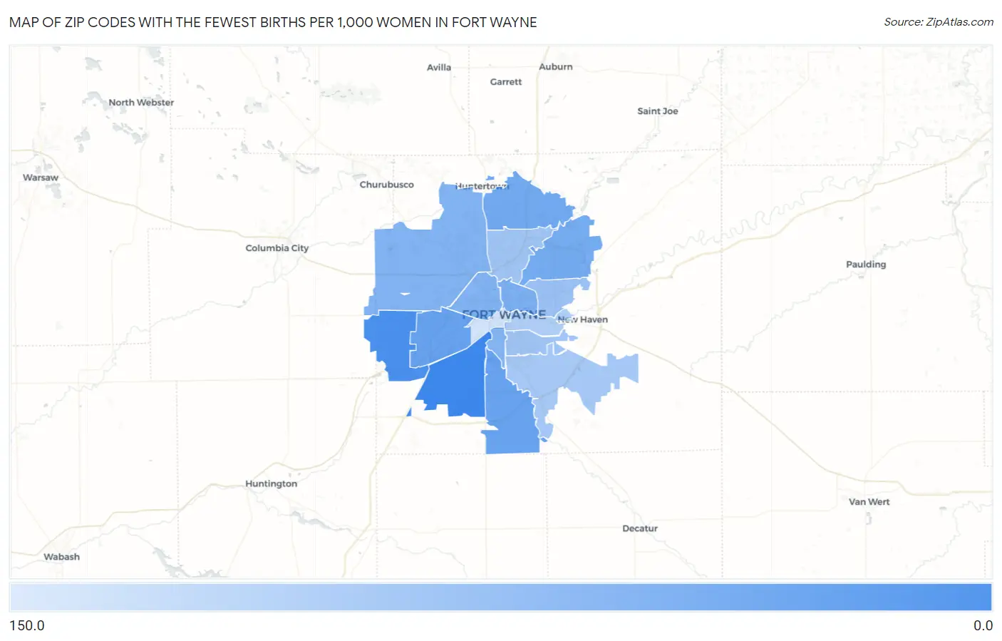 Zip Codes with the Fewest Births per 1,000 Women in Fort Wayne Map