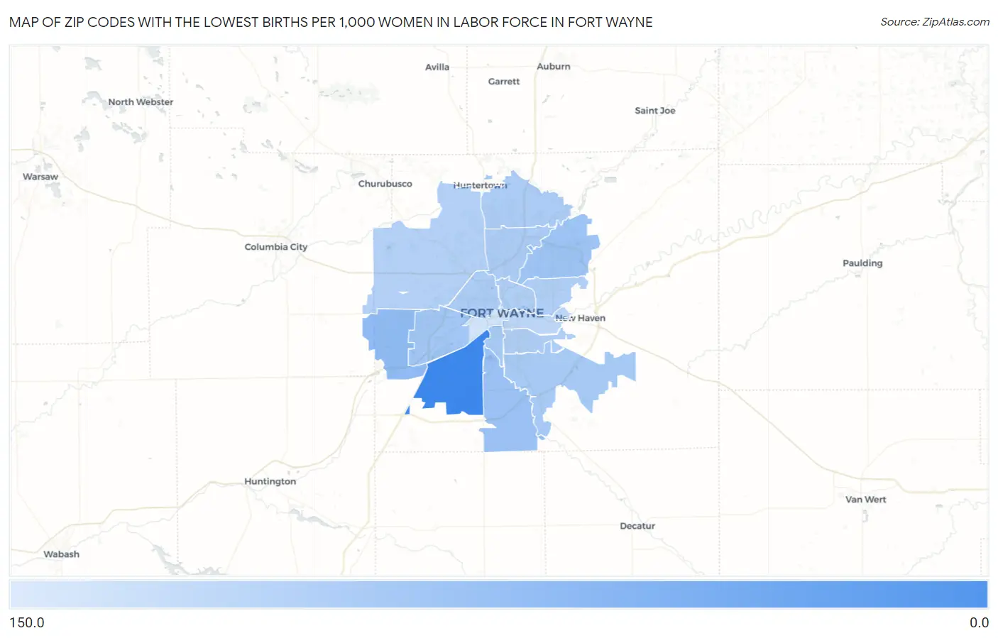Zip Codes with the Lowest Births per 1,000 Women in Labor Force in Fort Wayne Map