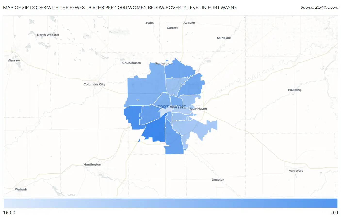 Zip Codes with the Fewest Births per 1,000 Women Below Poverty Level in Fort Wayne Map