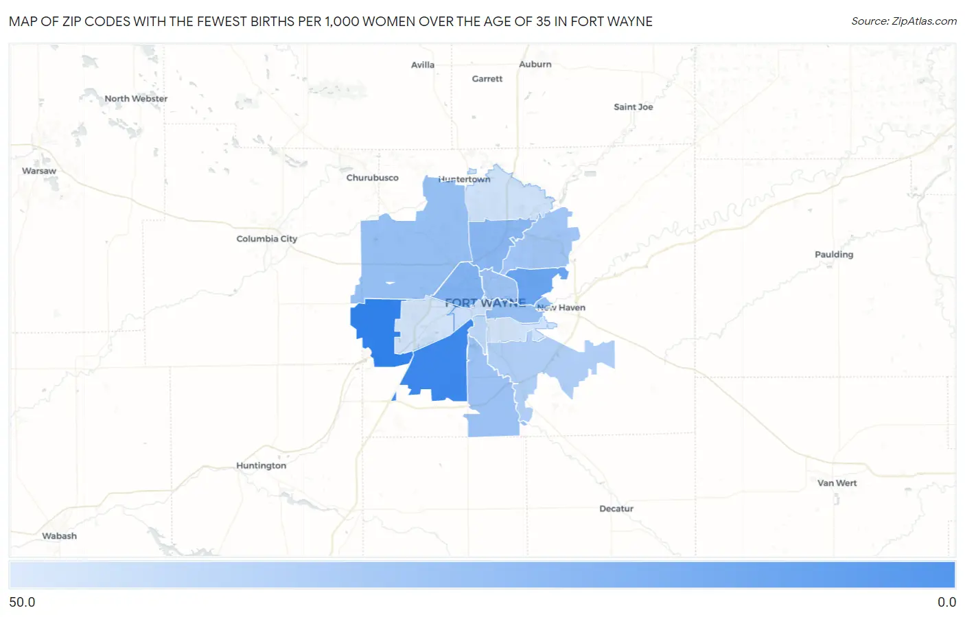 Zip Codes with the Fewest Births per 1,000 Women Over the Age of 35 in Fort Wayne Map