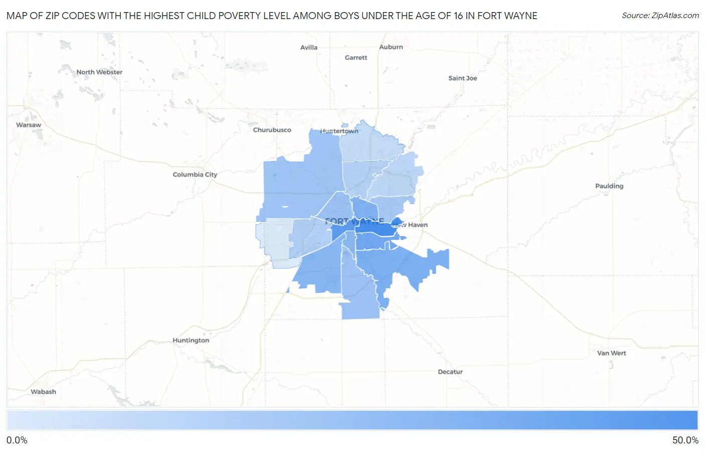 Zip Codes with the Highest Child Poverty Level Among Boys Under the Age of 16 in Fort Wayne Map