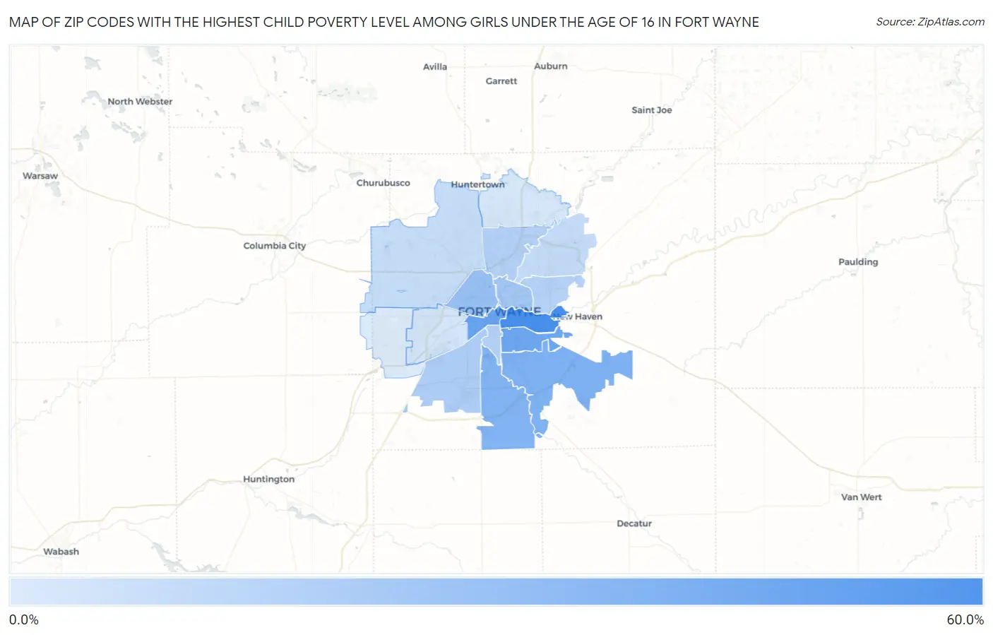 Zip Codes with the Highest Child Poverty Level Among Girls Under the Age of 16 in Fort Wayne Map