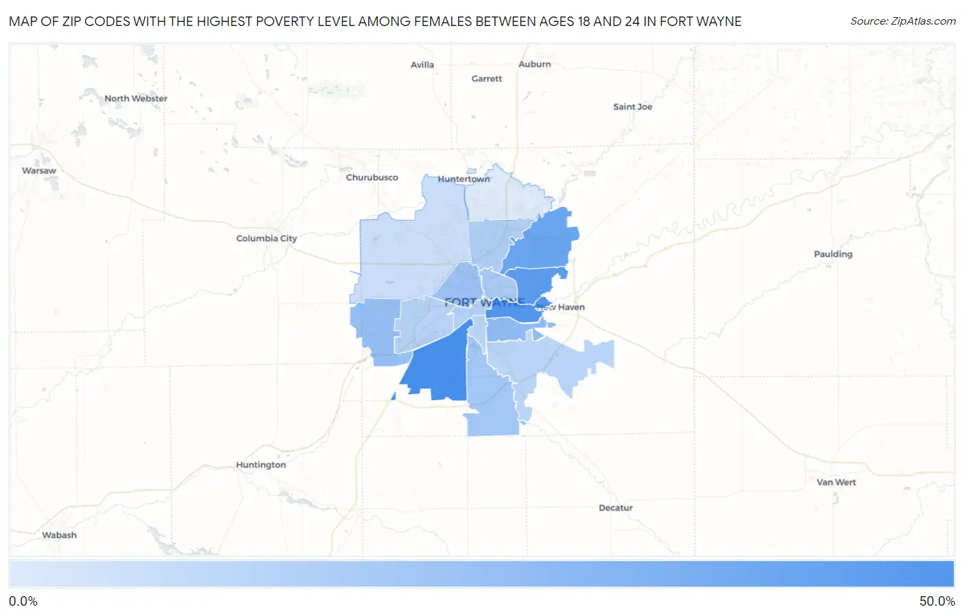 Zip Codes with the Highest Poverty Level Among Females Between Ages 18 and 24 in Fort Wayne Map