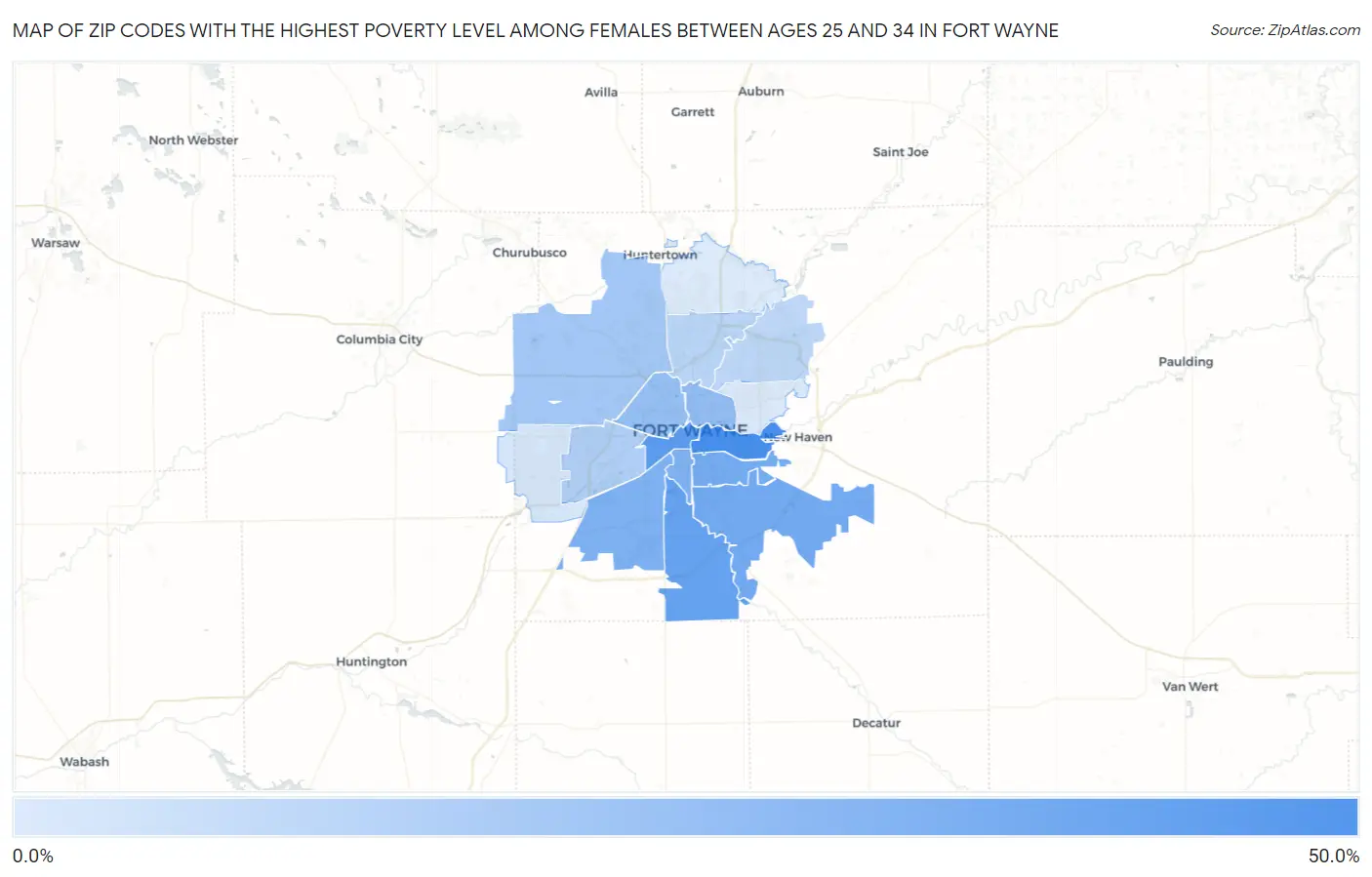 Zip Codes with the Highest Poverty Level Among Females Between Ages 25 and 34 in Fort Wayne Map