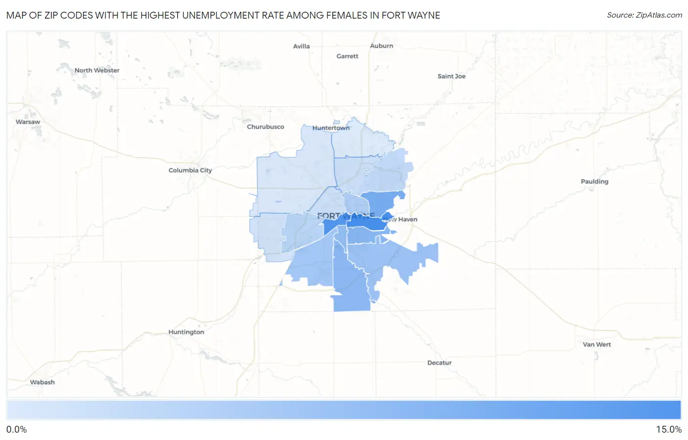 Zip Codes with the Highest Unemployment Rate Among Females in Fort Wayne Map