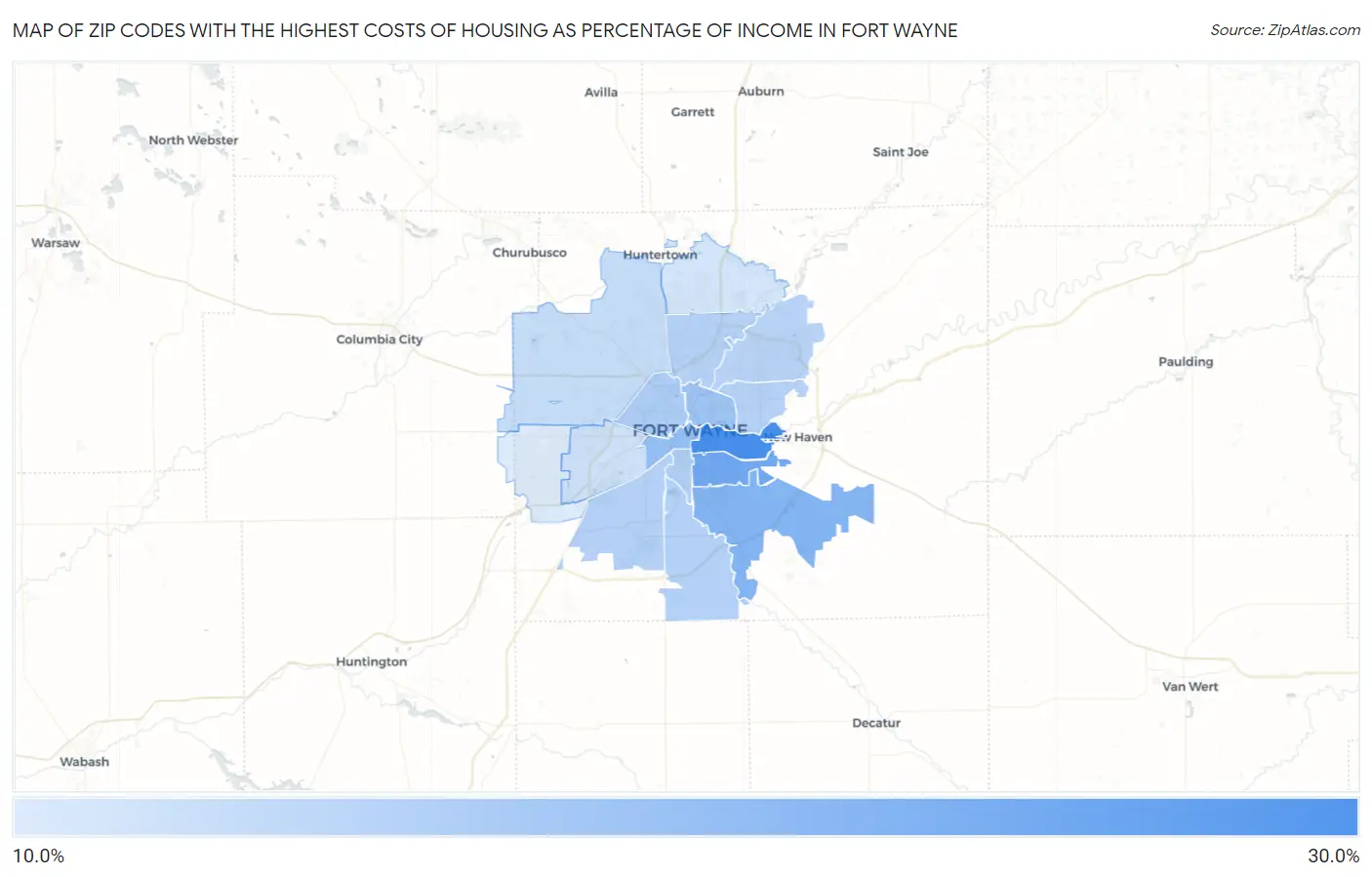 Zip Codes with the Highest Costs of Housing as Percentage of Income in Fort Wayne Map