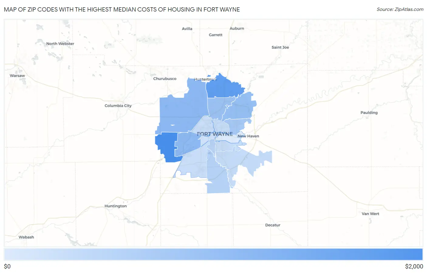 Zip Codes with the Highest Median Costs of Housing in Fort Wayne Map
