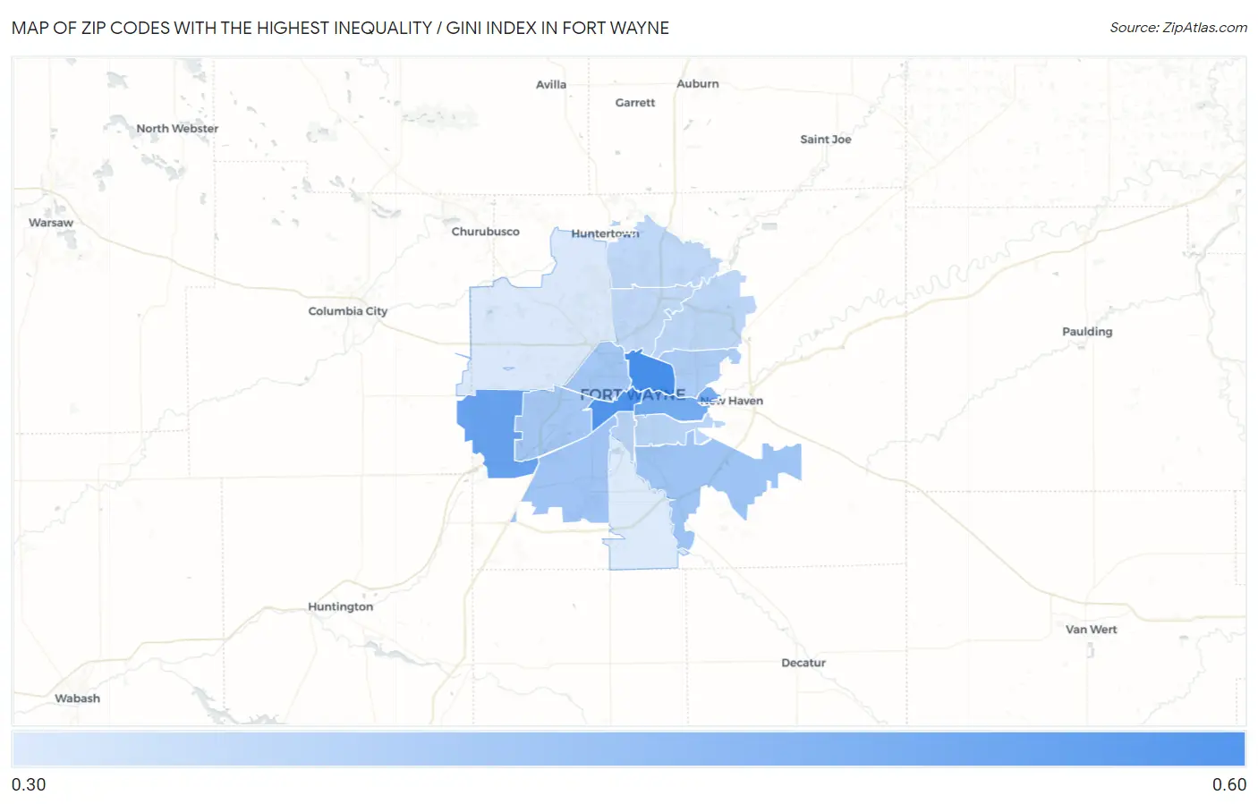 Zip Codes with the Highest Inequality / Gini Index in Fort Wayne Map
